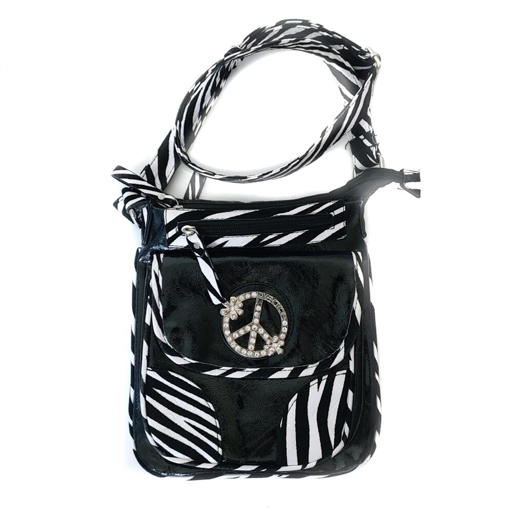 Black Zebra Print Faux Patent Leather Crossbody Bag Peace Sign Purse